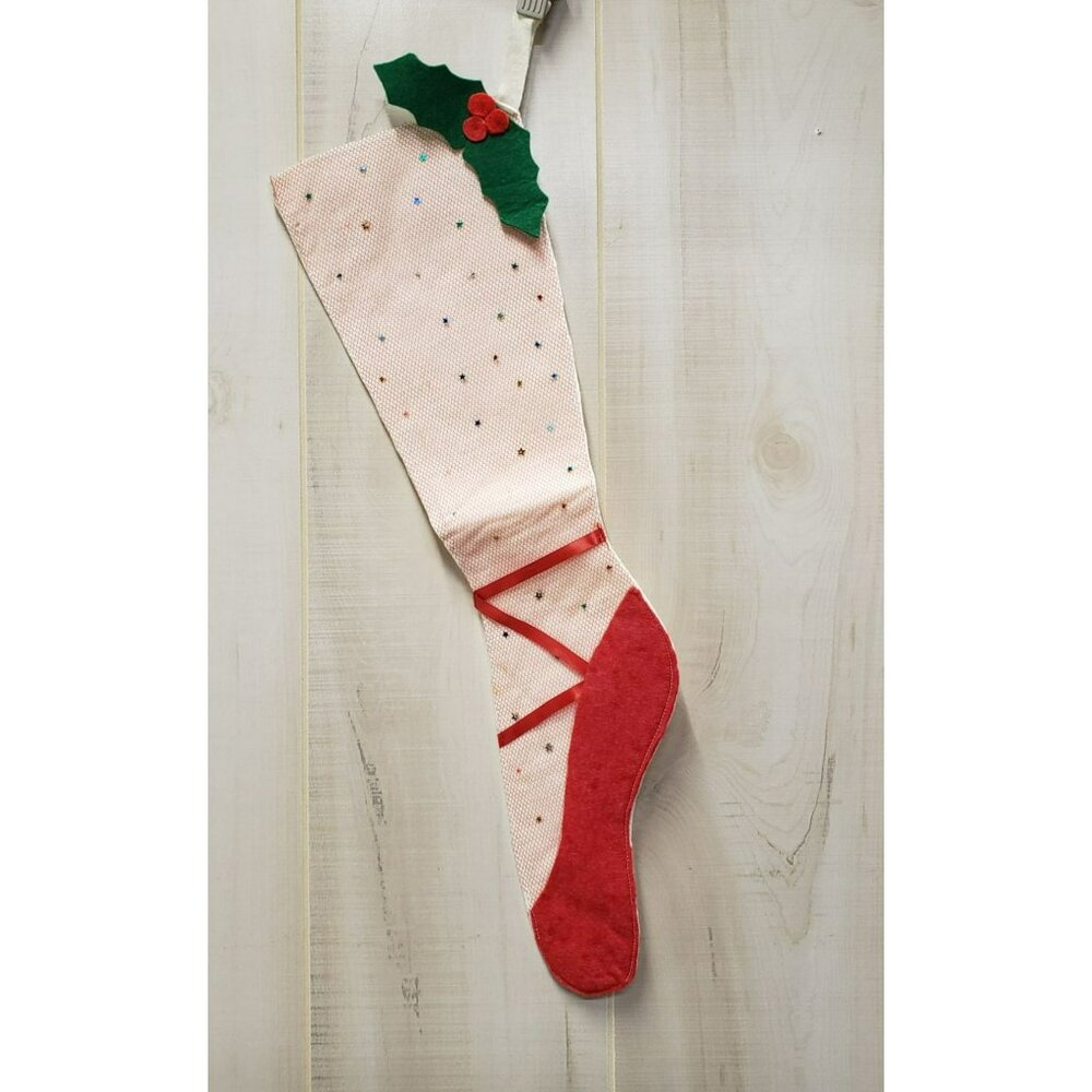 Vintage Ballerina Felt Christmas Stocking Pink Ballet Shoe, Net Stars Holly, 21"